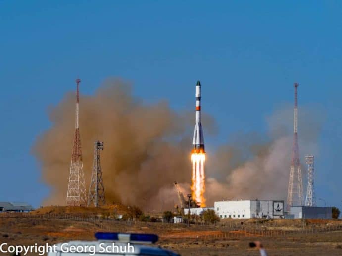 Raketenstart einer Sojuz Trägerrakete vom Weltraumbahnhof Bajkonur