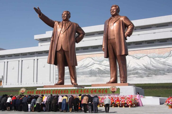 The statues of Kim Il Sung and Kim Jong Il on Mansu Hill in Pyongyang april 2012