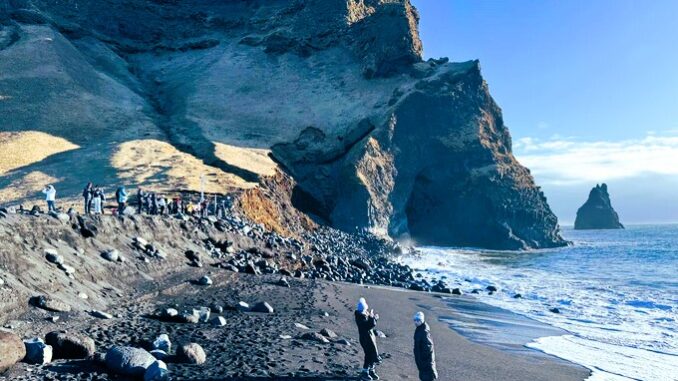 Reynisfjara Island - Schwarzer Strand mit Besuchern und Klippen